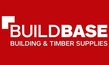 Logo for Buildbase, a building and timber supplies company—trusted by builders for home extensions and new build homes. The text is white on a red background, with a small white square design to the left of the word "BUILD".