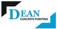 Logo for Dean Concrete Pumping. The word "DEAN" is in large blue letters, with "CONCRETE PUMPING" below—ideal for builder projects, house renovations, or home extensions. Black and blue corner shapes frame the top left and bottom right.