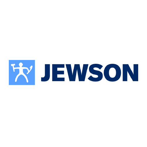 Jewson logo with a blue square on the left featuring a white stick figure holding a hammer and tool, next to "JEWSON" in bold, dark blue capitals—perfect for those involved in house renovations or home extensions.