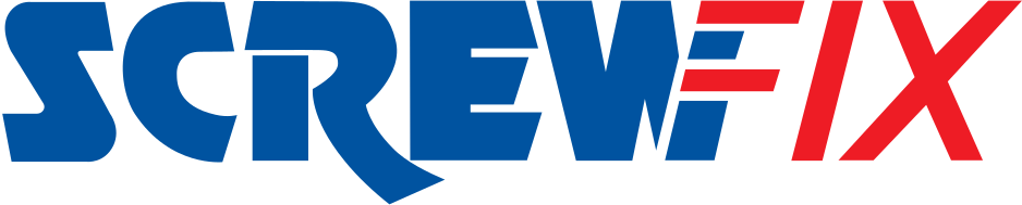 Screwfix logo with the word "SCREWFIX" in bold blue and red letters, featuring a screw shape forming part of the letter "E"—perfect for any builder working on house renovations or home extensions.
