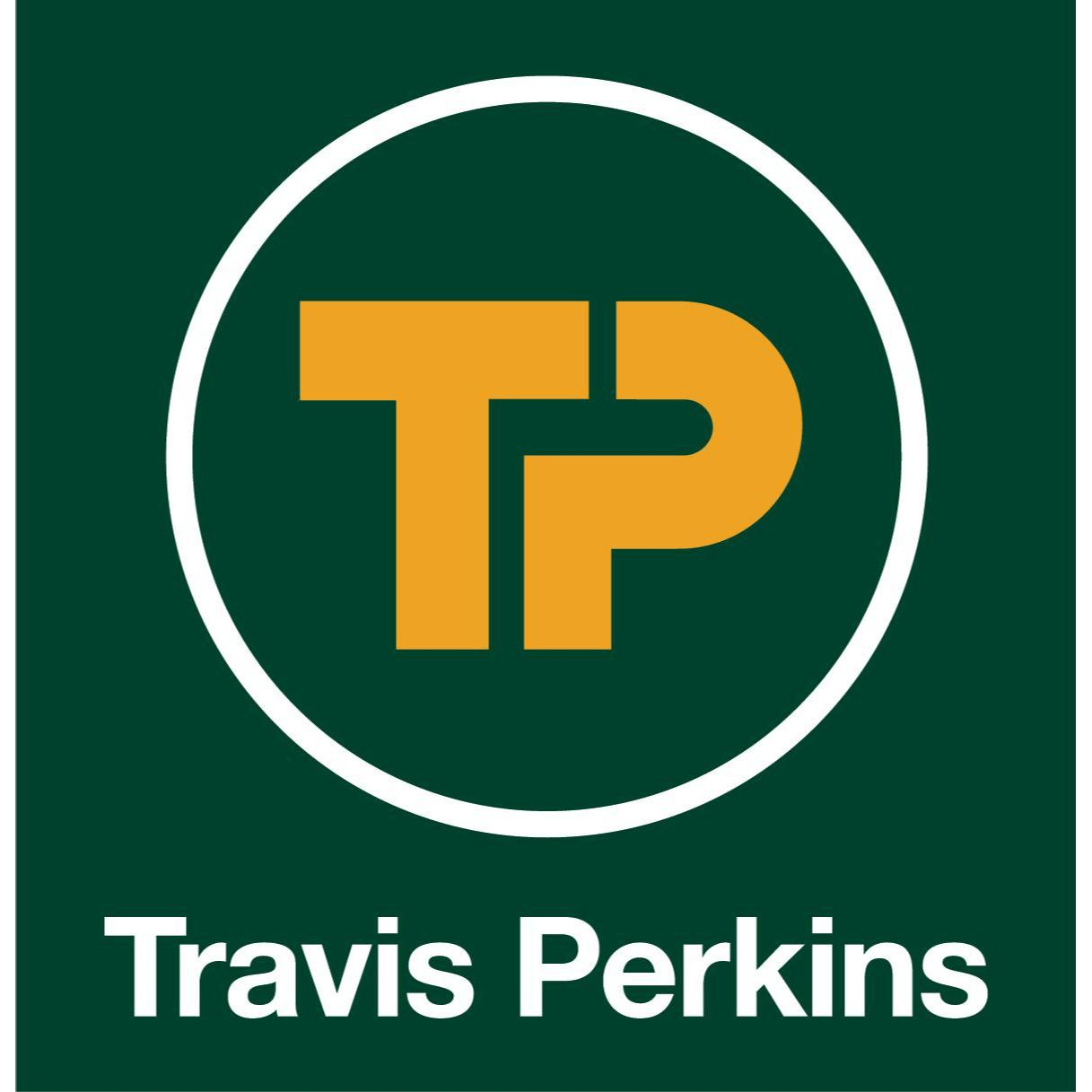 The Travis Perkins logo, ideal for house renovations or home extensions, shows bold yellow "TP" letters in a white circle on a dark green background, with "Travis Perkins" in white below.