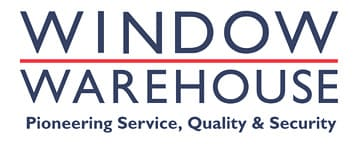 Logo for Window Warehouse. The text reads "WINDOW WAREHOUSE" in large, blue capital letters with a red line underneath, followed by the tagline "Pioneering Service, Quality & Security." Ideal for projects like home extensions or house renovations.